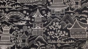 Farr Away 99 Onyx Black Embroidered Asian Toile Drapery Fabric