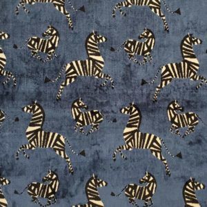 Farlowe Dancing Zebras Sapphire Blue Flocked Velvet Home Decor Fabric