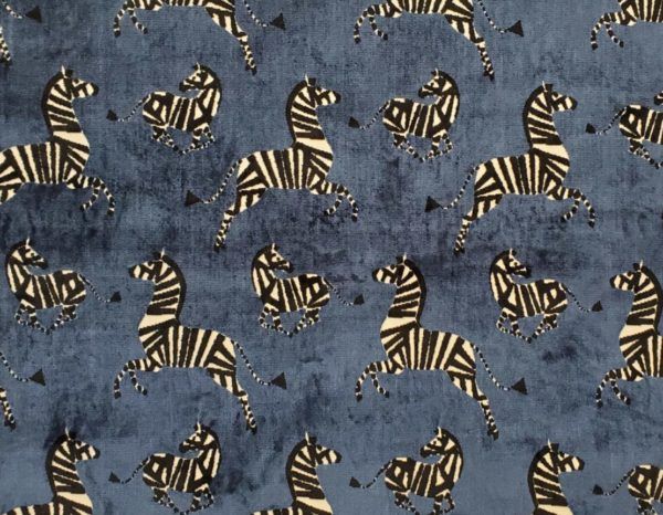 Farlowe Dancing Zebras Sapphire Blue Flocked Velvet Home Decor Fabric