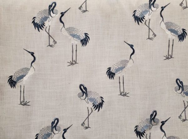 Kanasha Asian Crane River Blue Embroidered Drapery Fabric