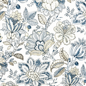 Rosette Floral Denim Blue Flower Patterned Home Decor Fabric