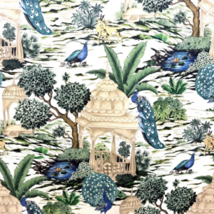 Pavo Scenic Gazebo Blue Green Patterned Upholstery Fabric